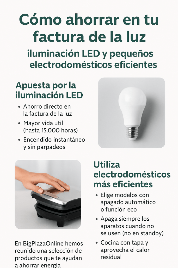 “Infografía ahorro energético con iluminación LED y electrodomésticos eficientes”